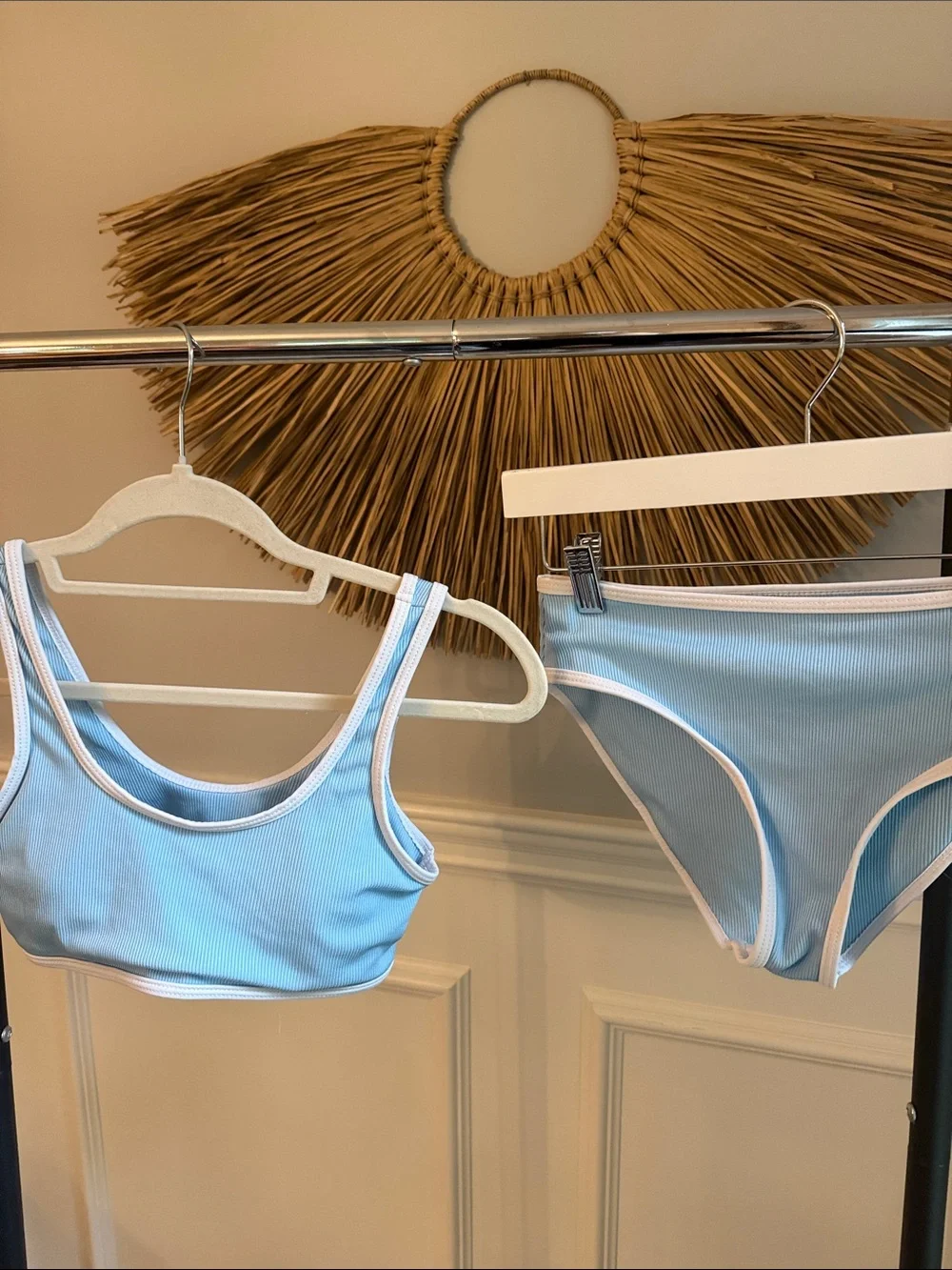 SHEIN Light Blue Ribbed Tank Bikini Set with White Trim